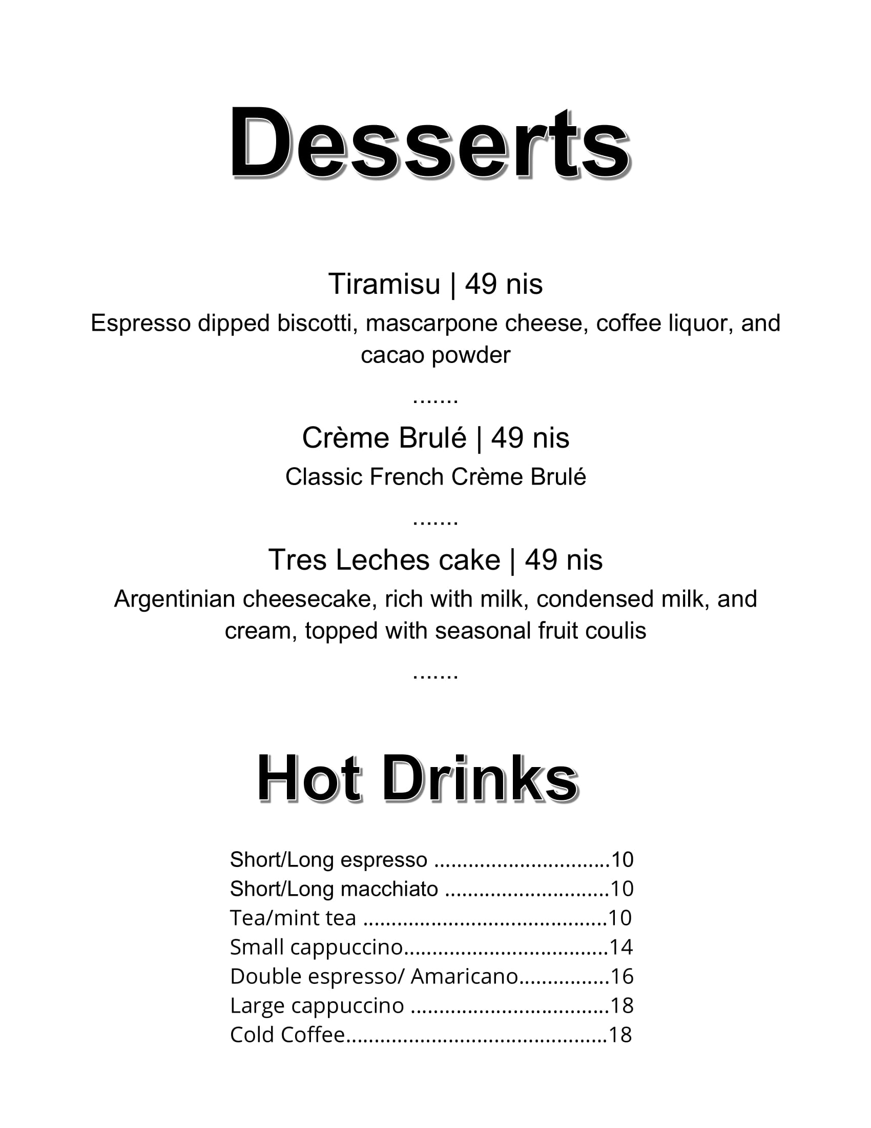 desserts menu