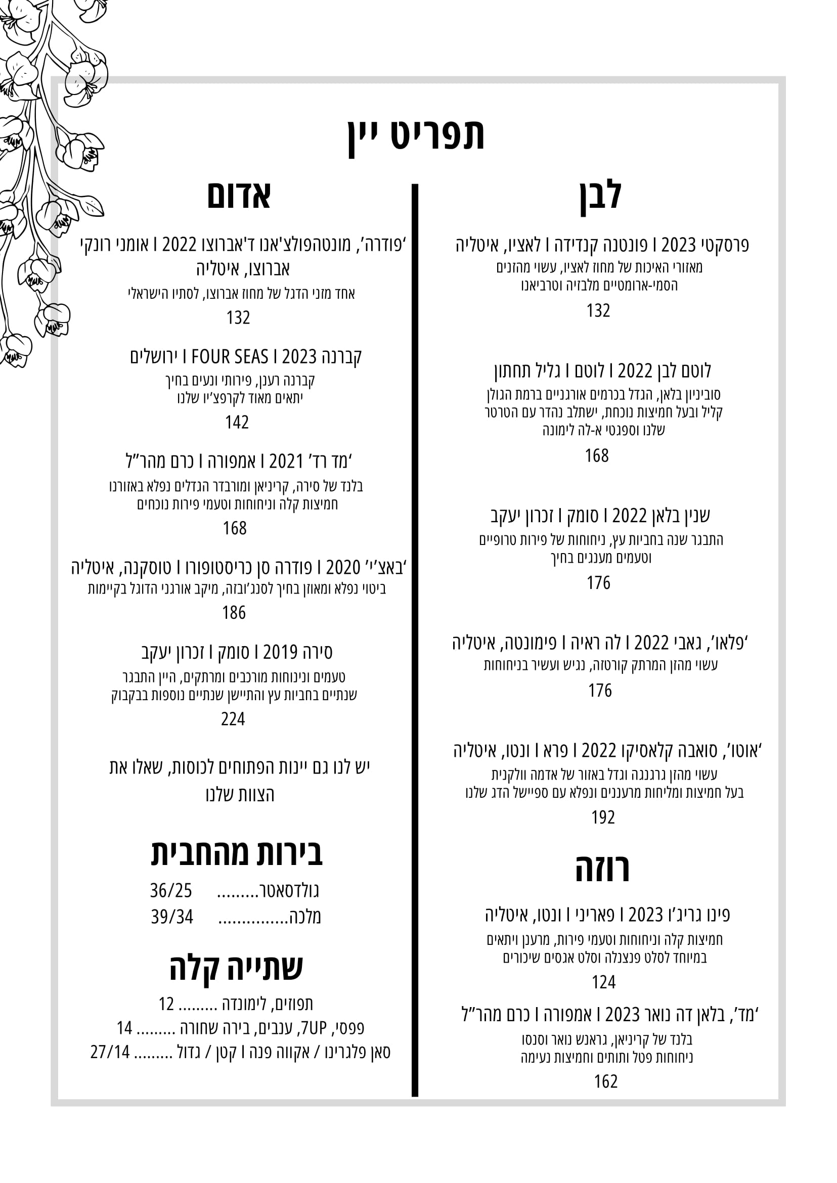 תפריט יינות